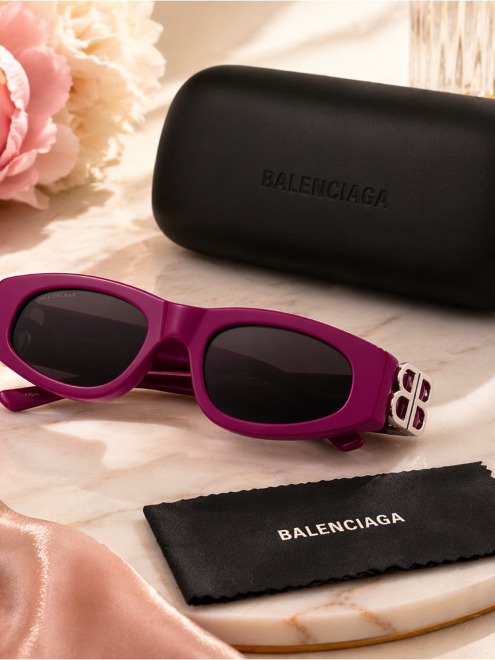 Balenciaga Women's Magenta Rectangle Sunglasses with BB Metal Accent